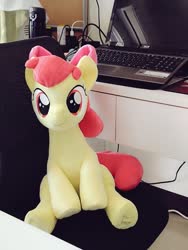 Size: 768x1024 | Tagged: safe, artist:nekokevin, apple bloom, earth pony, pony, g4, adorabloom, bow, chair, computer, cute, female, filly, hair bow, irl, laptop computer, looking at you, photo, plushie, sitting, smiling, solo, table, underhoof