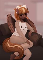 Size: 2008x2773 | Tagged: safe, artist:frieder1, oc, oc only, oc:barista, pegasus, anthro, anthro oc, bow, clothes, female, hair bow, high res, looking at you, mare, reclining, solo