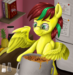 Size: 1114x1157 | Tagged: safe, artist:rysunkowasucharia, princess celestia, oc, pegasus, pony, g4, bigos, book, food, mixing, pepper, pineapple, polish, refrigerator, salt