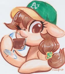 Size: 1728x1952 | Tagged: safe, artist:dawnfire, oc, oc only, oc:vanilla creame, pony, alcohol, baseball cap, beer, bust, cap, drinking, female, glass, hat, mare, oakland athletics, one eye closed, simple background, sipping, solo, white background, wink