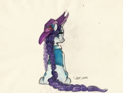 Size: 1280x972 | Tagged: safe, artist:i-just-mari, rarity, pony, unicorn, g4, alternate hairstyle, braid, clothes, female, hat, long hair, mare, rear view, sitting, smiling, solo, traditional art, vest