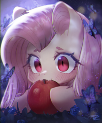 Size: 1953x2363 | Tagged: safe, artist:choyamy, fluttershy, bat pony, butterfly, pony, g4, apple, bat ponified, blushing, bust, cute, eating, female, flutterbat, food, herbivore, nuclear cuteness, portrait, race swap, red eyes, shyabates, shyabetes, solo, species swap