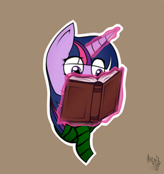 Size: 1700x1800 | Tagged: safe, artist:arrgus-korr, twilight sparkle, alicorn, pony, g4, book, bust, clothes, female, head only, magic, mare, portrait, reading, scarf, simple background, solo, sticker, twilight sparkle (alicorn)