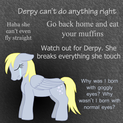 Size: 1100x1100 | Tagged: safe, artist:chili19, derpy hooves, pegasus, pony, g4, abstract background, abuse, bully, bullying, crying, derpybuse, derpygate, eyes closed, female, mare, misspelling, sad, text, verbal abuse