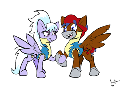 Size: 1252x908 | Tagged: safe, artist:lucas_gaxiola, cloudchaser, oc, pegasus, pony, g4, clothes, female, holding hooves, male, mare, signature, simple background, smiling, stallion, uniform, white background, wonderbolt trainee uniform