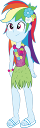 Size: 1024x3197 | Tagged: safe, artist:m3atl0afman, rainbow dash, ask hula rainbow dash, equestria girls, g4, shake your tail, bracelet, clothes, cute, deviantart watermark, feet, female, floral necklace, flower, flower in hair, grass skirt, hula, huladash, jewelry, miniskirt, obtrusive watermark, sandals, simple background, skirt, solo, transparent background, vector, watermark