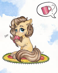 Size: 2806x3508 | Tagged: safe, artist:lightisanasshole, oc, oc only, pony, unicorn, abstract background, blue eyes, brown mane, carpet, chest fluff, colored hooves, cup, curly hair, curly mane, drink, drinking, ear fluff, female, high res, holding, leg fluff, looking back, mug, question, raised eyebrow, solo, text bubbles, thick eyebrows, traditional art, yellow coat