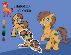 Size: 1024x786 | Tagged: safe, artist:lucas_gaxiola, oc, oc only, oc:charmed clover, earth pony, pony, clover, collaboration, earth pony oc, flower, flower in mouth, four leaf clover, grin, male, mouth hold, prone, raised hoof, reference sheet, smiling, stallion, story included, unshorn fetlocks