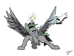 Size: 1314x1006 | Tagged: safe, artist:lucas_gaxiola, oc, oc only, alicorn, pony, alicorn oc, amputee, artificial wings, augmented, glowing horn, horn, magic, prosthetic limb, prosthetic wing, prosthetics, raised hoof, signature, simple background, solo, spread wings, telekinesis, white background, wings