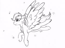 Size: 2715x2010 | Tagged: safe, artist:lightisanasshole, oc, oc only, pegasus, pony, artin' for good, chest fluff, colored hooves, ear fluff, female, flying, high res, hoof fluff, lineart, looking up, monochrome, pegasus oc, ponytail, raised hoof, solo, stars, wings