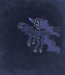 Size: 1300x1486 | Tagged: safe, artist:maytee, princess luna, alicorn, pony, g4, armor, female, flying, glowing horn, helmet, horn, magic, mare, solo, space