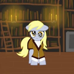 Size: 512x512 | Tagged: safe, artist:daedric-pony, derpy hooves, pony, g4, book, bookshelf, candle, clothes, female, glasses, ladder, library, mare, solo