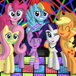 Size: 900x900 | Tagged: safe, artist:daedric-pony, applejack, fluttershy, pinkie pie, rainbow dash, rarity, twilight sparkle, earth pony, pegasus, pony, unicorn, g4, dance floor, dance party, eyes closed, glow rings, glowstick, laser, mane six, mouth hold, neon, neon bracelet, one eye closed, party, rave, rearing, smiling