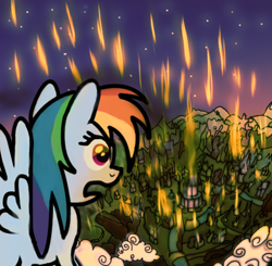 Size: 500x489 | Tagged: safe, artist:daedric-pony, rainbow dash, pegasus, pony, g4, disaster, fanfic art, female, meteor shower, ponyville, solo