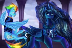 Size: 1600x1081 | Tagged: safe, artist:wej555, princess luna, rainbow dash, alicorn, pegasus, pony, g4, accessory, clothes, female, flying, jacket, mare, sky, smiling, spread wings, wings