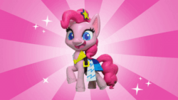 Size: 800x450 | Tagged: safe, screencap, pinkie pie, earth pony, pony, fashion failure, g4.5, my little pony: stop motion short, animated, clothes, fashion, female, gif, hair ornament, one eye closed, smiling, solo, sparkles, stop motion, sunburst background, waving, wink