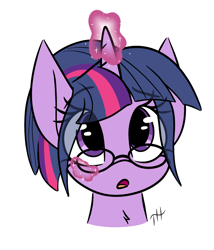 Size: 1500x1750 | Tagged: safe, artist:fakskis, twilight sparkle, pony, unicorn, g4, alternate hairstyle, bust, chest fluff, cute, eye clipping through hair, female, glasses, horn, magic, mare, open mouth, ponytail, portrait, simple background, solo, twiabetes, white background
