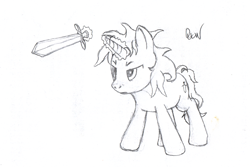 Size: 800x534 | Tagged: safe, artist:quint-t-w, oc, oc only, pony, unicorn, magic, old art, pencil drawing, simple background, sketch, solo, sword, telekinesis, traditional art, weapon, white background