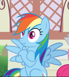 Size: 744x822 | Tagged: safe, screencap, rainbow dash, pegasus, pony, daring done?, g4, cropped, cute, female, mare, scrunchy face, sitting, solo, spread wings, surprised, wings