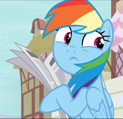 Size: 970x941 | Tagged: safe, screencap, rainbow dash, pegasus, pony, daring done?, g4, cropped, female, holding, mare, newspaper, solo
