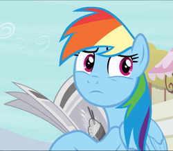 Size: 1077x940 | Tagged: safe, screencap, rainbow dash, pegasus, pony, daring done?, g4, cropped, female, holding, mare, newspaper, solo, worried