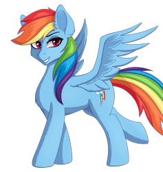 Size: 1327x1400 | Tagged: safe, artist:ravenirik, rainbow dash, pegasus, pony, backwards cutie mark, female, mare, simple background, smiling, solo, spread wings, transparent background, wings