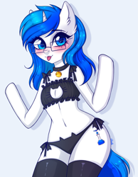 Size: 2317x2979 | Tagged: safe, artist:whiteraven, oc, oc only, oc:mind, pony, unicorn, semi-anthro, blushing, cat lingerie, clothes, female, glasses, high res, lingerie, mare, panties, solo, stockings, thigh highs, tongue out, underwear
