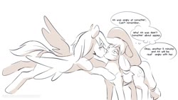 Size: 1600x901 | Tagged: safe, artist:icychamber, applejack, rainbow dash, earth pony, pegasus, pony, g4, duo, female, flying, kissing, lesbian, mare, monochrome, ship:appledash, shipping, simple background, spread wings, white background, wings