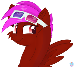 Size: 1767x1600 | Tagged: safe, artist:rainbow eevee, oc, oc only, oc:rainbowbacon, pegasus, pony, 3d glasses, cheek fluff, cute, female, glasses, hoof hold, lidded eyes, pegasus oc, red eyes, simple background, smiling, smirk, solo, spread wings, transparent background, wings