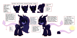 Size: 1364x684 | Tagged: safe, artist:sharkague, oc, oc only, original species, black sclera, grin, reference sheet, simple background, smiling, text, transparent background