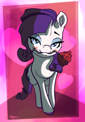 Size: 2160x3103 | Tagged: safe, artist:nookprint, part of a set, rarity, pony, unicorn, g4, bedroom eyes, blushing, cute, female, flower, flower in mouth, heart, high res, holiday, looking at you, mare, mouth hold, raribetes, rose, solo, unshorn fetlocks, valentine's day