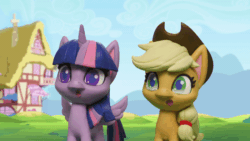 Size: 800x450 | Tagged: safe, screencap, applejack, twilight sparkle, alicorn, earth pony, pony, fashion failure, g4.5, my little pony: stop motion short, animated, clapping, female, gif, happy, hat, house, looking at something, smiling, stop motion, twilight sparkle (alicorn)