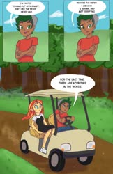 Size: 1280x1979 | Tagged: dead source, safe, artist:pettypop, sunset shimmer, timber spruce, equestria girls, g4, annoyed, comic, dialogue, duo, forest, golf cart, parks and rec (show)