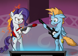 Size: 2873x2087 | Tagged: safe, artist:zsparkonequus, rarity, oc, oc:harmony star, alicorn, pony, g4, alicorn oc, bipedal, fire, guitar, guitar hero, guitar hero controller, guitarity, high res, horn, mane of fire, musical instrument, television, through the fire and flames
