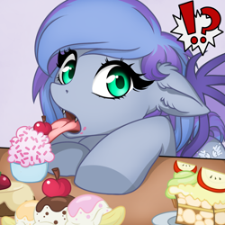 Size: 1300x1300 | Tagged: safe, artist:ynery, oc, oc only, oc:silver wing (batpony), bat pony, pony, apple, banana, bat pony oc, bat wings, cake, cherry, commission, cupcake, cute, fangs, food, herbivore, licking, looking at you, ocbetes, open mouth, simple background, solo, tongue out, wings, your character here