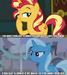 Size: 1280x1440 | Tagged: safe, edit, edited screencap, screencap, sunset shimmer, trixie, pony, unicorn, equestria girls, equestria girls specials, g4, my little pony equestria girls: better together, my little pony equestria girls: forgotten friendship, road to friendship, caption, female, image macro, implied lesbian, implied shimmerglimmer, implied shipping, implied startrix, mare, meme, text