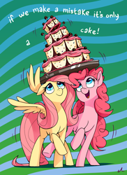 Size: 2400x3300 | Tagged: safe, artist:docwario, fluttershy, pinkie pie, earth pony, pegasus, pony, g4, abstract background, balancing, cake, cute, duo, food, head carry, high res