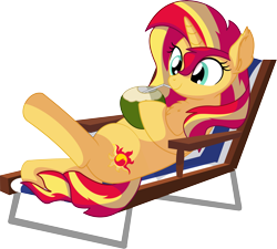 Size: 6922x6228 | Tagged: safe, artist:cyanlightning, sunset shimmer, pony, unicorn, g4, .svg available, absurd resolution, chair, chest fluff, coconut, coconut cup, cute, drinking, drinking straw, ear fluff, female, food, herbivore, mare, on back, simple background, sitting, smiling, solo, straw, transparent background, vector