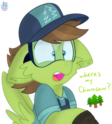 Size: 1008x1117 | Tagged: safe, artist:rainbow eevee, douglas spruce, evergreen, pegasus, pony, g4, apron, blue eyes, cap, cheek fluff, clothes, cute, floppy ears, hat, male, open mouth, shirt, simple background, solo, spread wings, stallion, teeth, text, transparent background, tree, wings