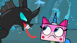 Size: 1024x577 | Tagged: safe, artist:frownfactory, artist:kingprui40, artist:roxy-cream, edit, vector edit, thorax, cat, changeling, g4, angry, cave, crossover, fangs, female, frown, hissing, kitten, looking at each other, male, scared, tooth, unikitty, unikitty!, vector