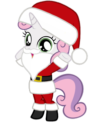 Size: 782x1024 | Tagged: artist needed, safe, sweetie belle, pony, unicorn, g4, belt, bipedal, boots, christmas, clothes, costume, cute, diasweetes, fake beard, female, filly, hat, holiday, horn, looking at you, open mouth, santa beard, santa claus, santa costume, santa hat, shoes, simple background, solo, standing, sweetie claus, transparent background, vector