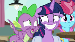 Size: 1920x1080 | Tagged: safe, screencap, cup cake, spike, twilight sparkle, alicorn, dragon, pony, a trivial pursuit, g4, bag, floppy ears, saddle bag, twilight sparkle (alicorn), winged spike, wings