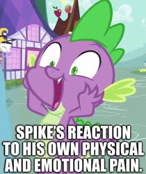 Size: 906x1079 | Tagged: safe, edit, edited screencap, editor:useraccount, screencap, spike, dragon dropped, g4, abuse, caption, cropped, excited, go to sleep garble, happy, image macro, implied spikeabuse, masochism, masochist, meme, op is a duck, shitposting, text