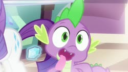 Size: 1920x1080 | Tagged: safe, screencap, rarity, spike, dragon, pony, unicorn, dragon dropped, g4, cute, faic, gem, smiling, spikabetes, tongue out, winged spike, wings