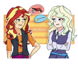 Size: 1080x921 | Tagged: safe, artist:wolfster.ze, sunset shimmer, human, equestria girls, g4, bacon hair, broom, diana cavendish, flying, flying broomstick, geode of empathy, little witch academia, magical geodes, motorcycle