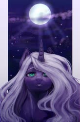Size: 1250x1900 | Tagged: safe, artist:riukime, oc, oc only, oc:star nebula moon, alicorn, pony, bust, looking at you, moon, solo