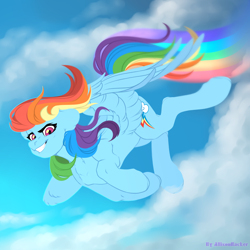 Size: 2000x2000 | Tagged: safe, artist:allisonbacker, rainbow dash, pegasus, pony, g4, cloud, female, flying, high res, lineless, mare, sky, smiling, solo, spread wings, wings