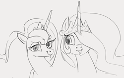 Size: 1110x703 | Tagged: safe, artist:dotkwa, princess celestia, princess luna, pony, g4, bust, cute, duo, female, grayscale, looking at you, mare, monochrome, open mouth, portrait, royal sisters, siblings, sisters