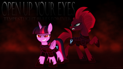 Size: 3840x2160 | Tagged: safe, artist:ejlightning007arts, tempest shadow, twilight sparkle, alicorn, pony, unicorn, g4, my little pony: the movie, armor, bad end, broken horn, evil grin, evil twilight, fallen hero, female, grin, gritted teeth, high res, horn, lesbian, open up your eyes, raised hoof, ship:tempestlight, shipping, smiling, smoke, teeth, traitor sparkle, twilight is anakin, twilight sparkle (alicorn), wallpaper