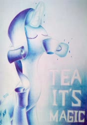 Size: 2833x4055 | Tagged: safe, artist:rsd500, rarity, pony, unicorn, g4, blue, blue color scheme, colored pencil drawing, cup, drawing, drinking, eyes closed, female, food, magic, pencil drawing, simple background, solo, tea, teacup, telekinesis, traditional art, white background, white fur